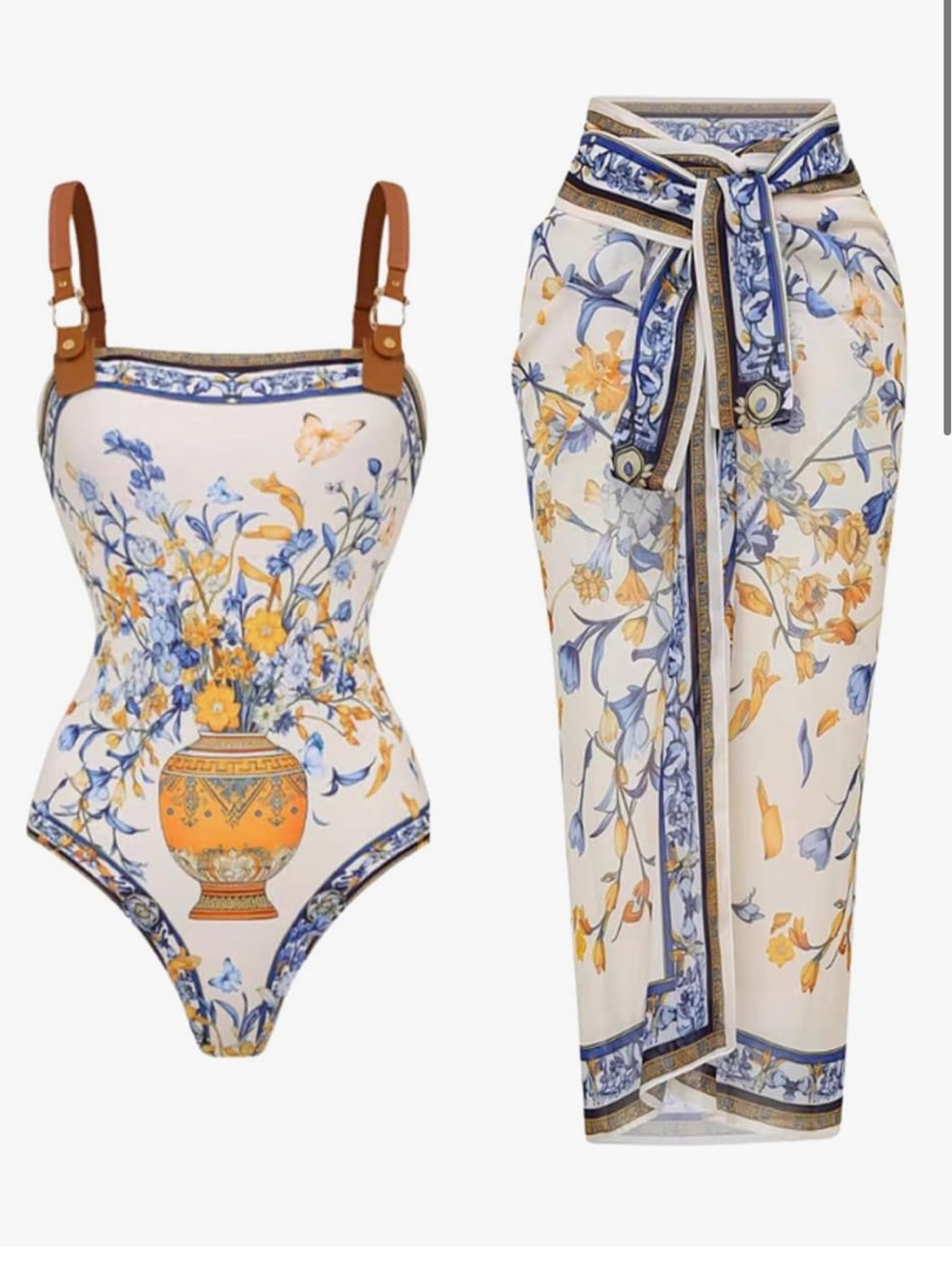 Floral Ceramic Print One-Piece Swimsuit with Matching Sarong - Cream & Blue